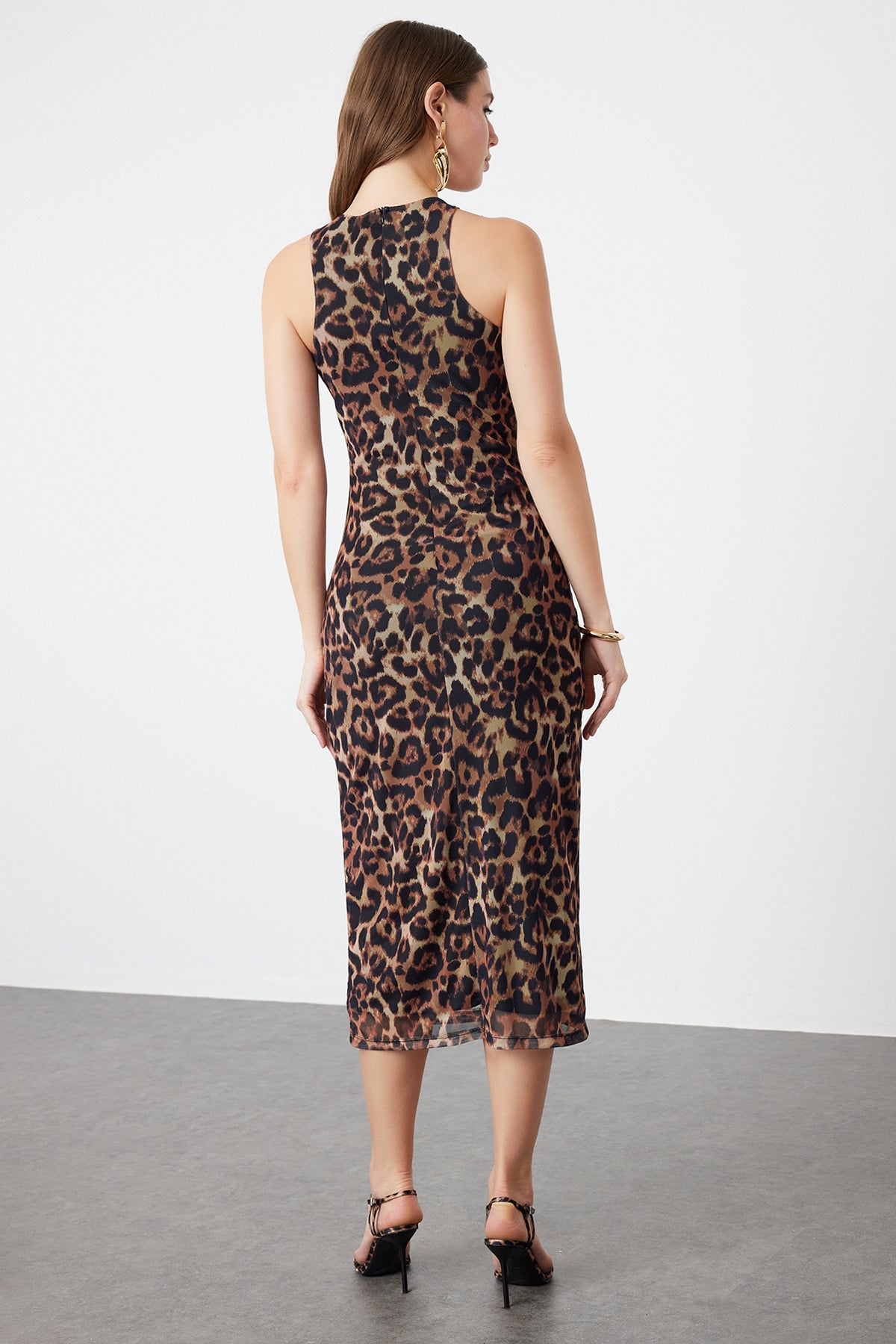 Kahverengi Çok Renkli Hayvan Desenli Leopar Örme Tül Şık Abiye Elbise TPRSS24EL00202