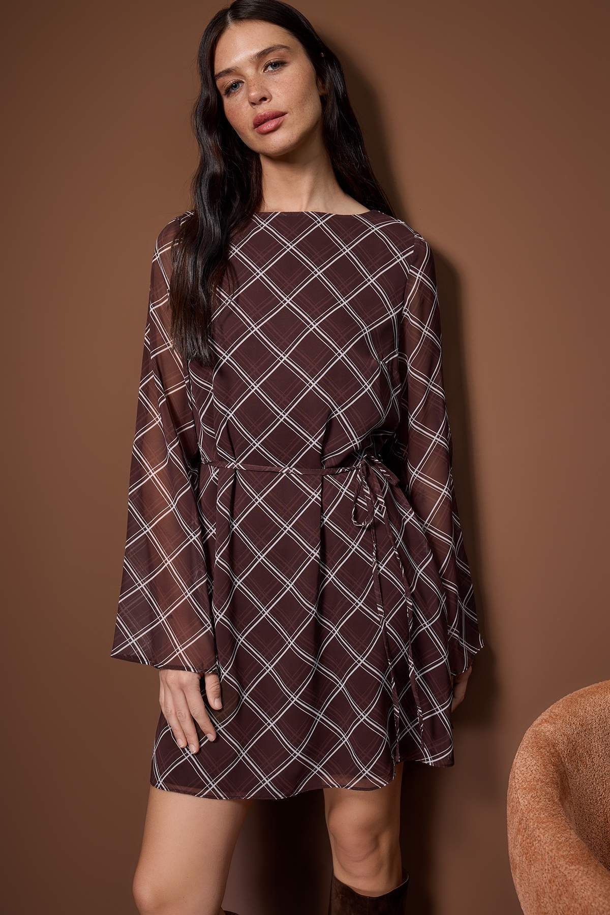 Kahverengi Ekose / Kareli Kısa / Mini Dokuma Elbise TWOAW26EL00335 Secondary image
