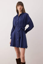 Lacivert Kuşaklı Mini Dokuma Gömlek Elbise TWOAW25EL00154