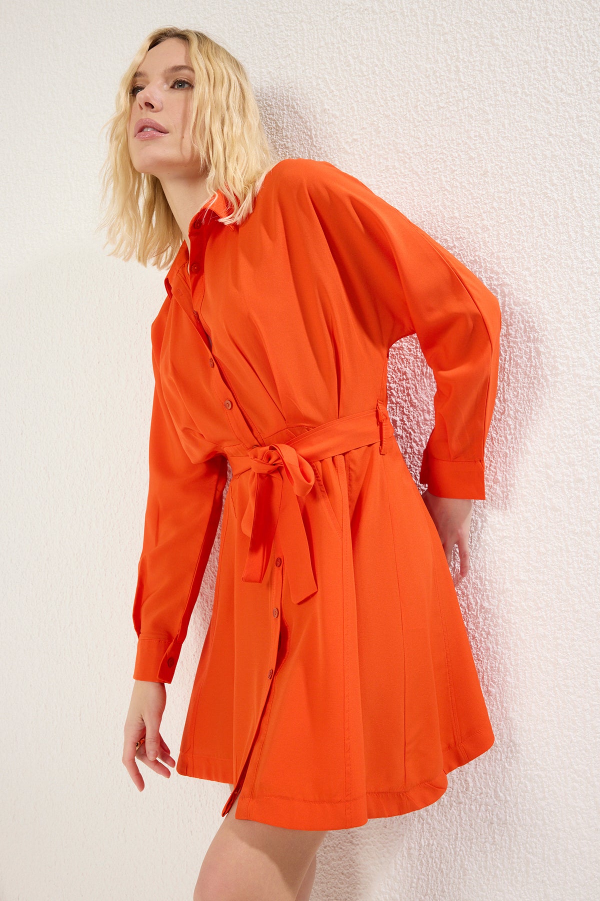 Nar Çiçeği Çizgili Kuşaklı Kısa / Mini  Dokuma Elbise TWOAW25EL00154 Secondary image