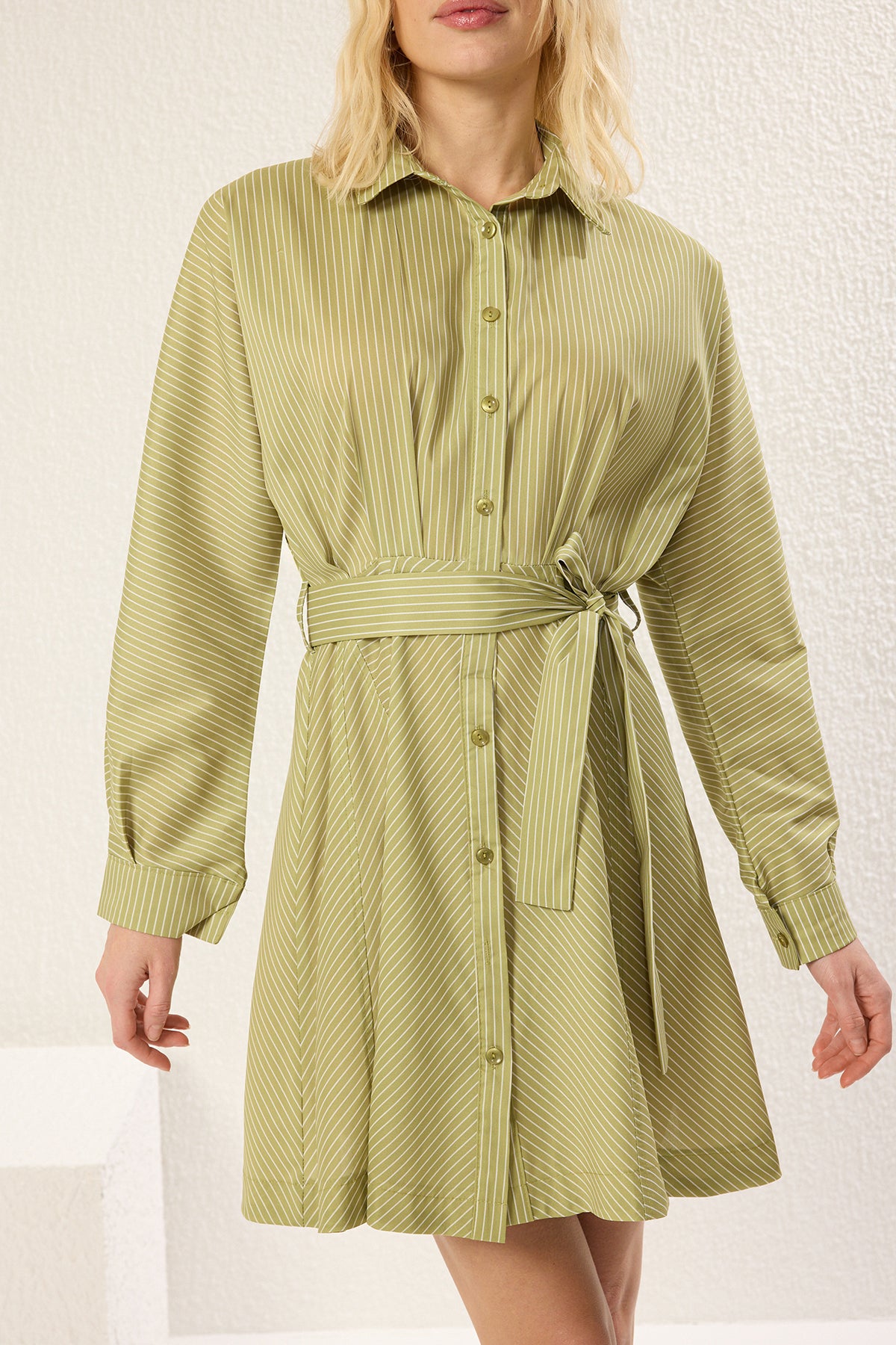 Yağ Yeşil Çizgili Kuşaklı Kısa / Mini  Dokuma Elbise TWOAW25EL00154