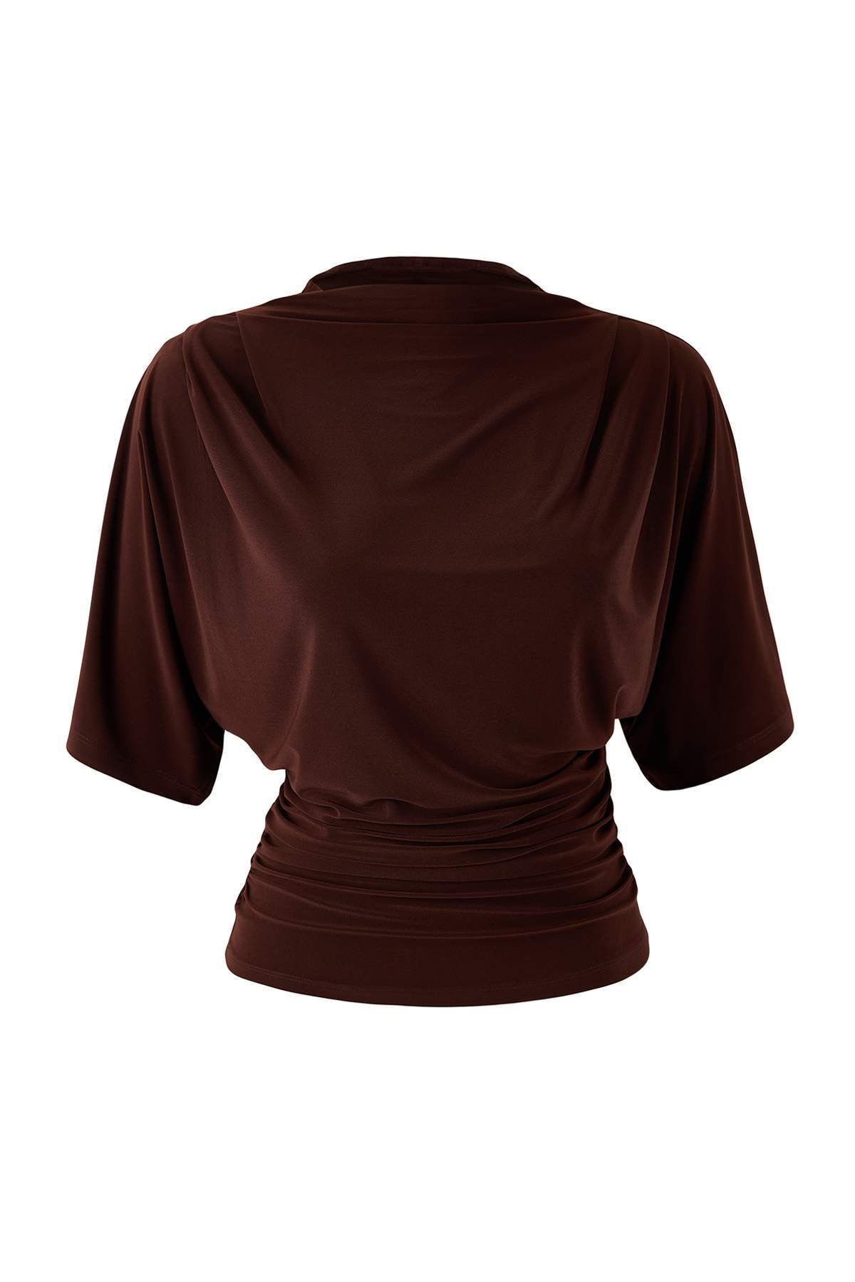 Kahverengi Fitted/Vücuda Oturan Kayık Yaka Yarasa Kol Kısa Kollu Esnek Örme Bluz TWOSS26BZ00020 Main image