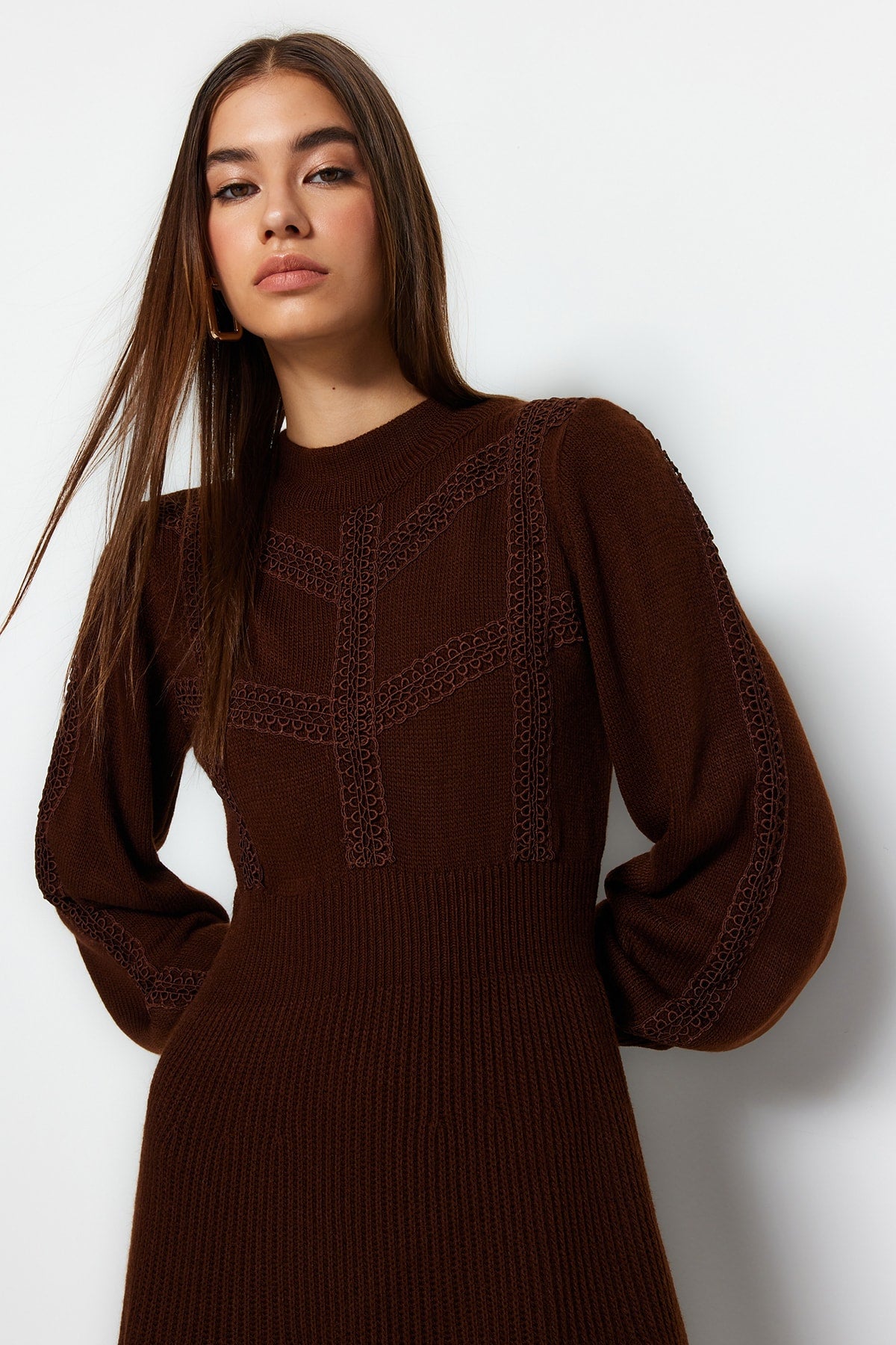 Kahverengi Mini Triko Dantelli Elbise TWOAW22EL0011 Secondary image