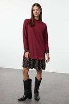 Bordo Çiçek Baskılı Mini Selanik Dik Yaka Örme Elbise TWOAW25EL00282