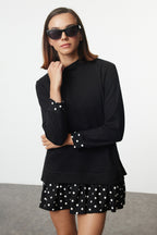 Siyah Selanik Dik Yaka Puantiyeli Mini Örme Elbise TWOAW25EL00282