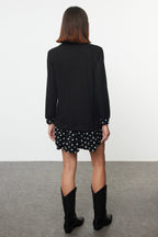Siyah Selanik Dik Yaka Puantiyeli Mini Örme Elbise TWOAW25EL00282