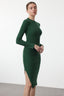 Zümrüt Yeşili Vücuda Oturan Yırtmaçlı Bisiklet Yaka Midi Fitilli Esnek Örme Elbise TWOAW21EL0135