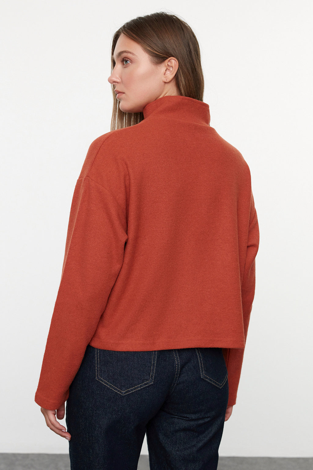 Kiremit Selanik/Triko Görünümlü Fermuarlı Yaka Regular/Normal Kalıp Örme Sweatshirt TWOAW22SW0732