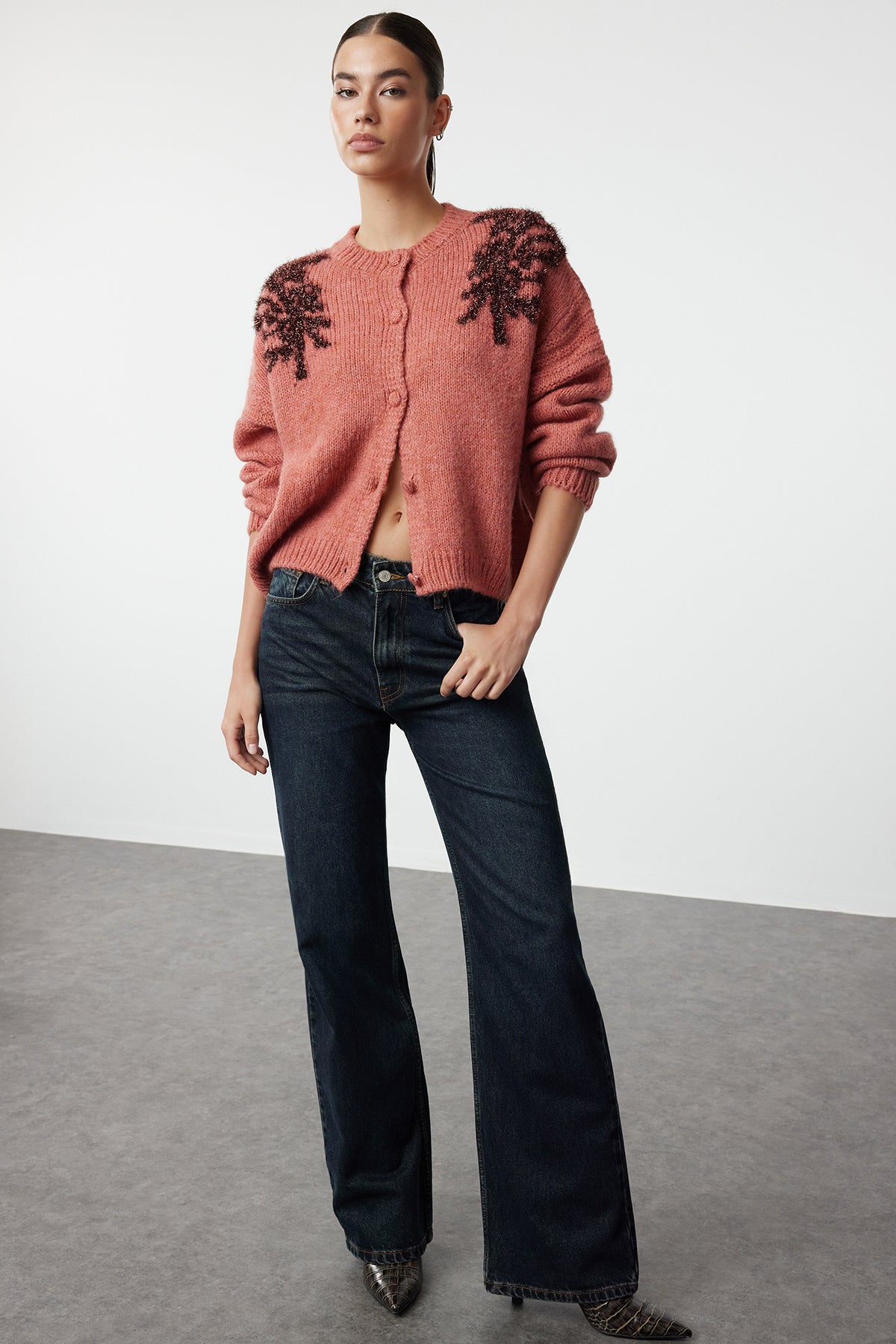 Kiremit Yumuşak Dokulu Parlak Sim İşlemeli Triko Hırka TWOAW25HI00005 Secondary image