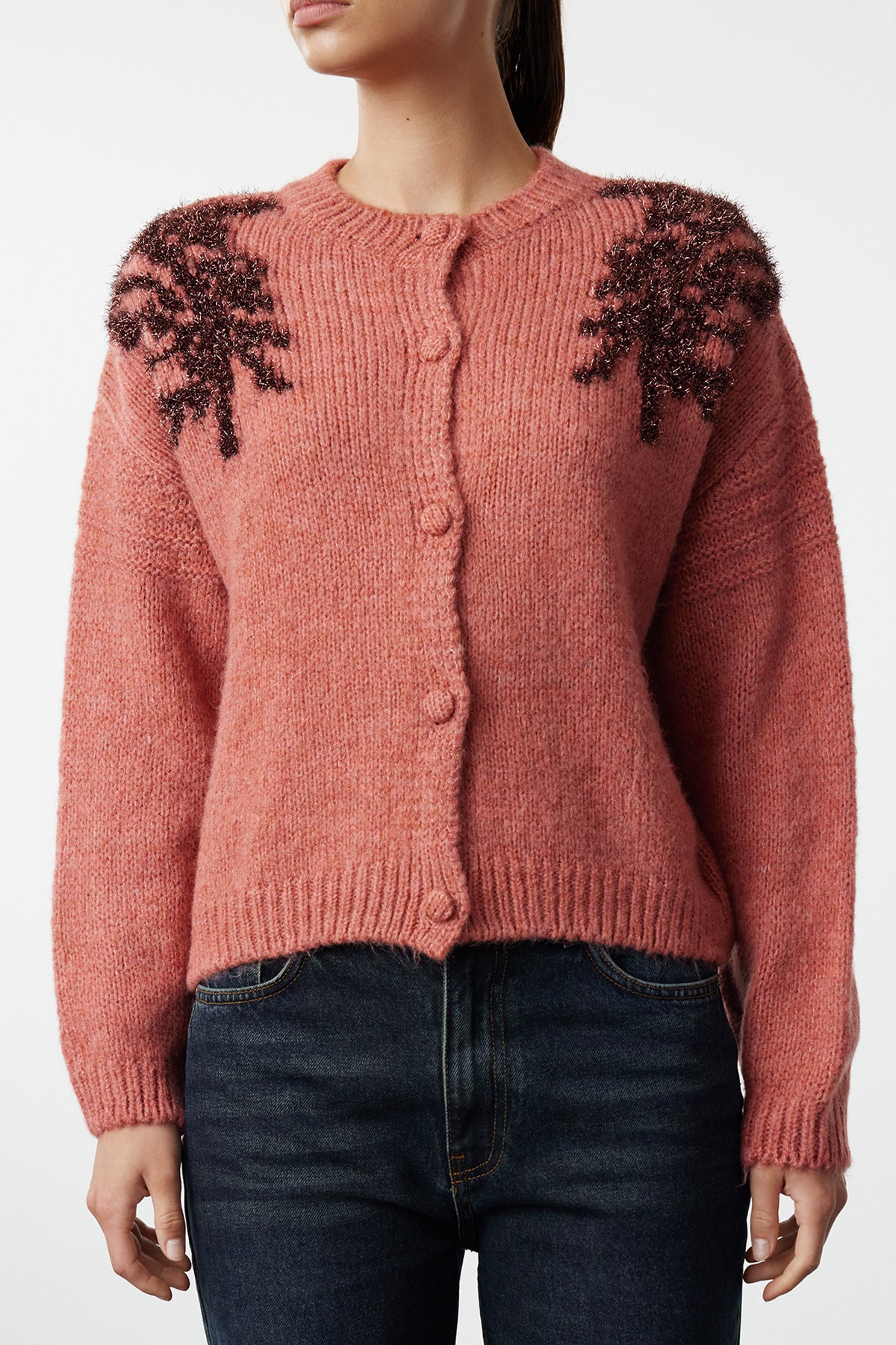 Kiremit Yumuşak Dokulu Parlak Sim İşlemeli Triko Hırka TWOAW25HI00005