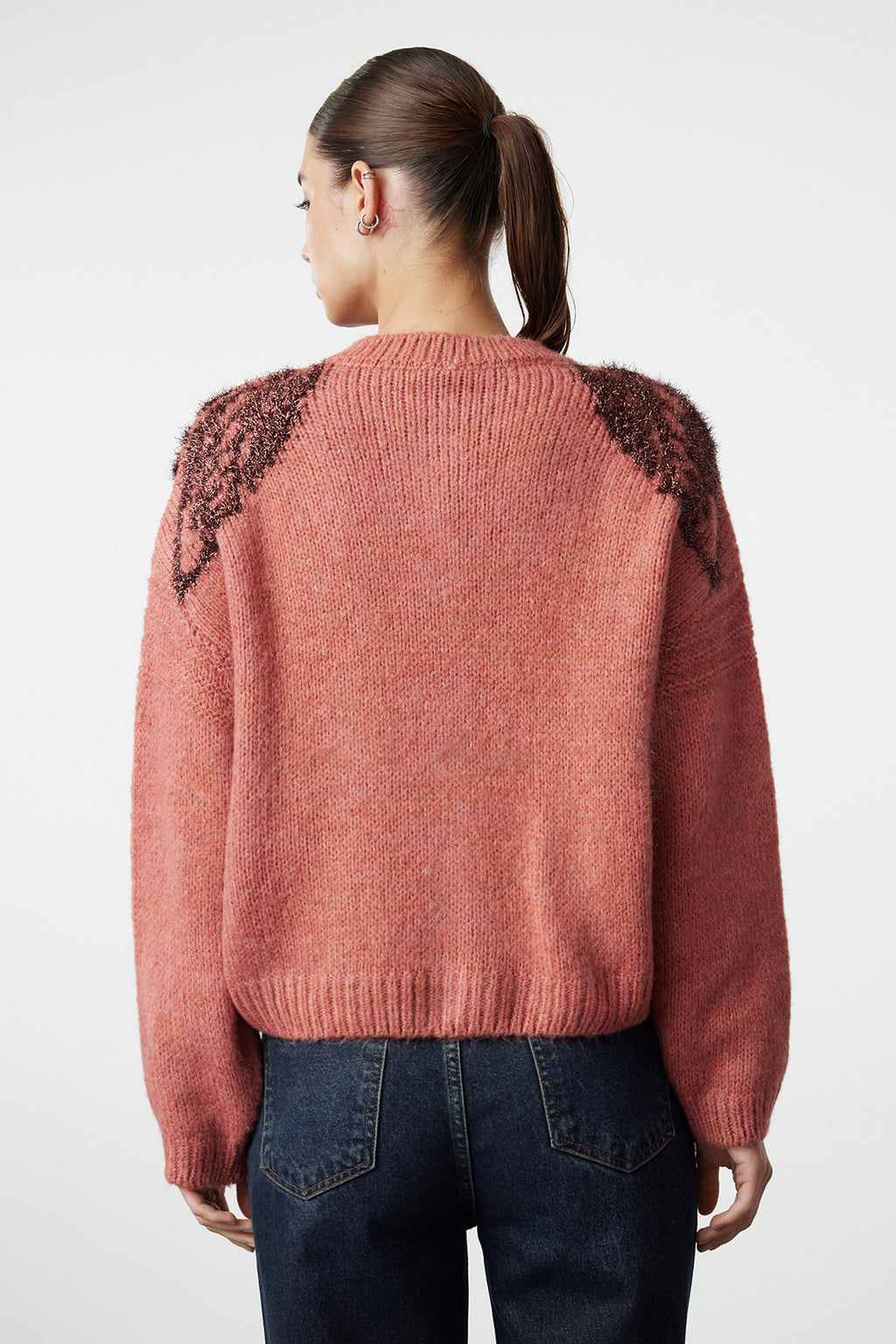 Kiremit Yumuşak Dokulu Parlak Sim İşlemeli Triko Hırka TWOAW25HI00005