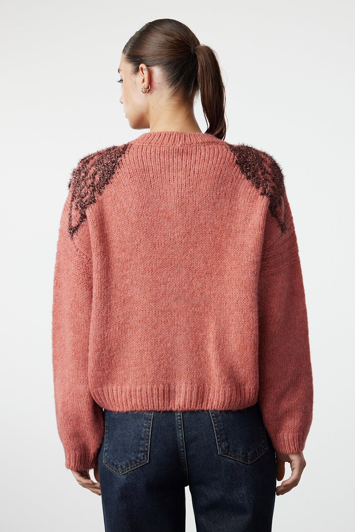 Kiremit Yumuşak Dokulu Parlak Sim İşlemeli Triko Hırka TWOAW25HI00005