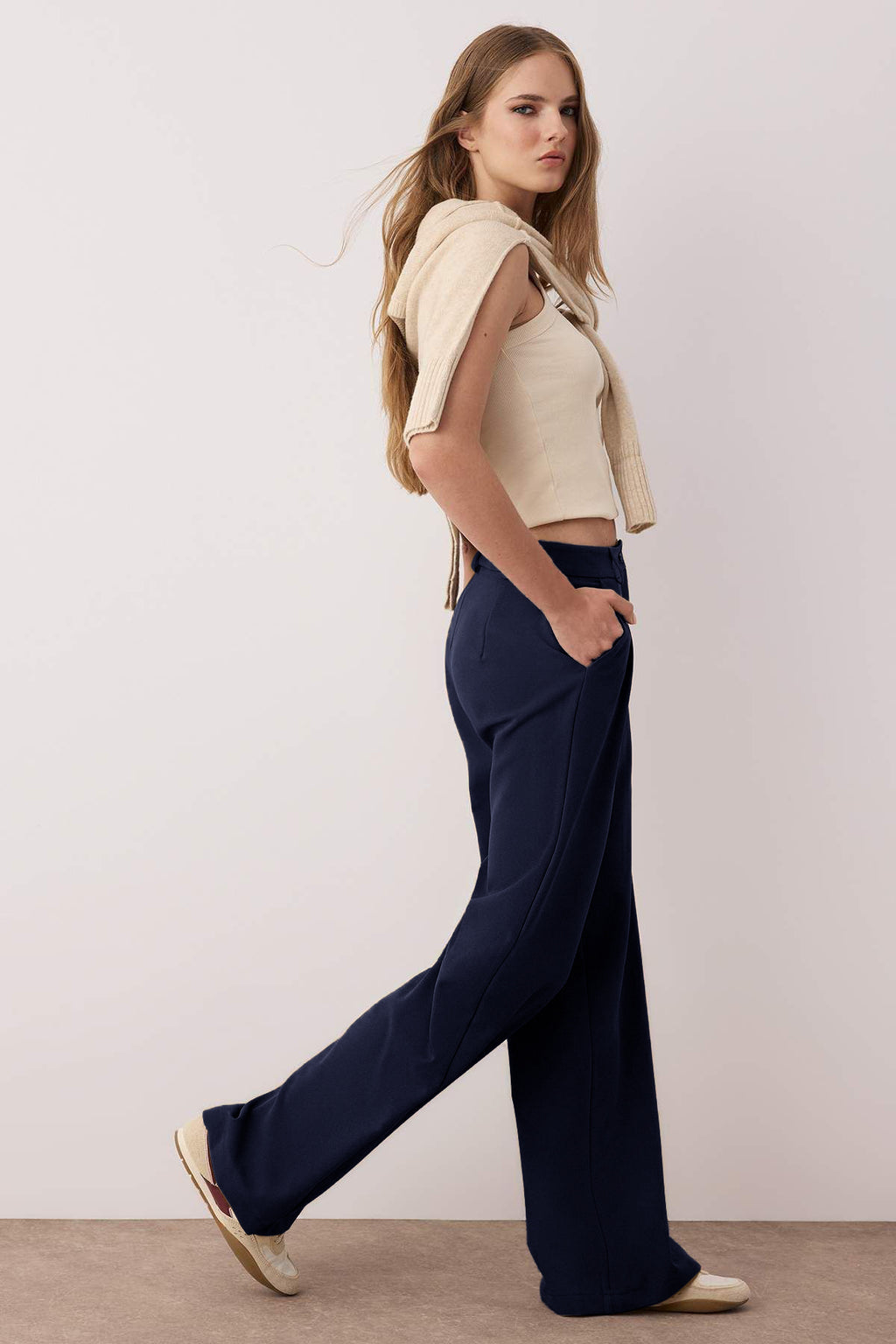 Koyu Lacivert Pilili Wide Leg/Geniş Paça Pantolon TWOAW25PL00109