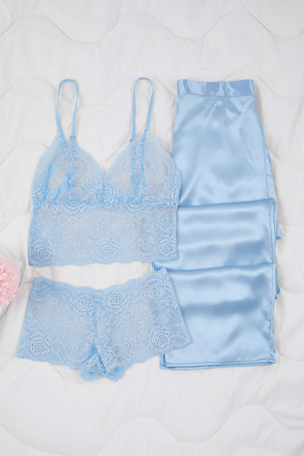 Açık Mavi 3'lü Çeyiz Set Üst Dantel, Alt Saten Askılı Külotlu Dokuma Pijama Takımı THMAW26PT00077