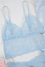 Açık Mavi 3'lü Çeyiz Set Üst Dantel, Alt Saten Askılı Külotlu Dokuma Pijama Takımı THMAW26PT00077