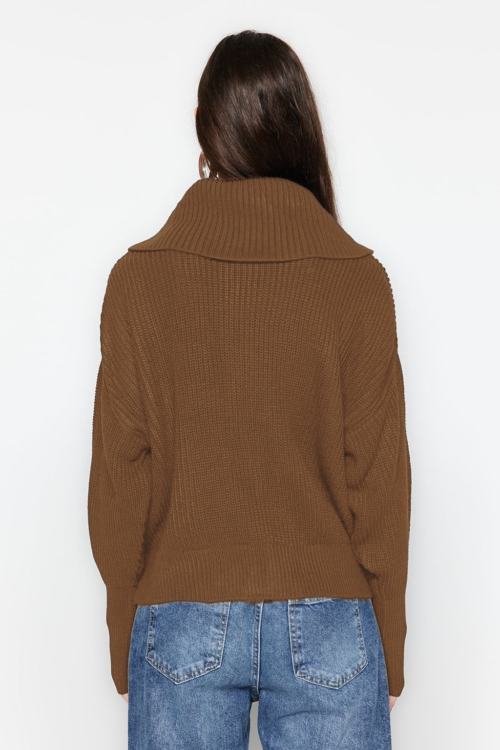 Açık Kahverengi Geniş Kalıp Devrik Yaka Fermuarlı Triko Hırka TWOAW24HI00072