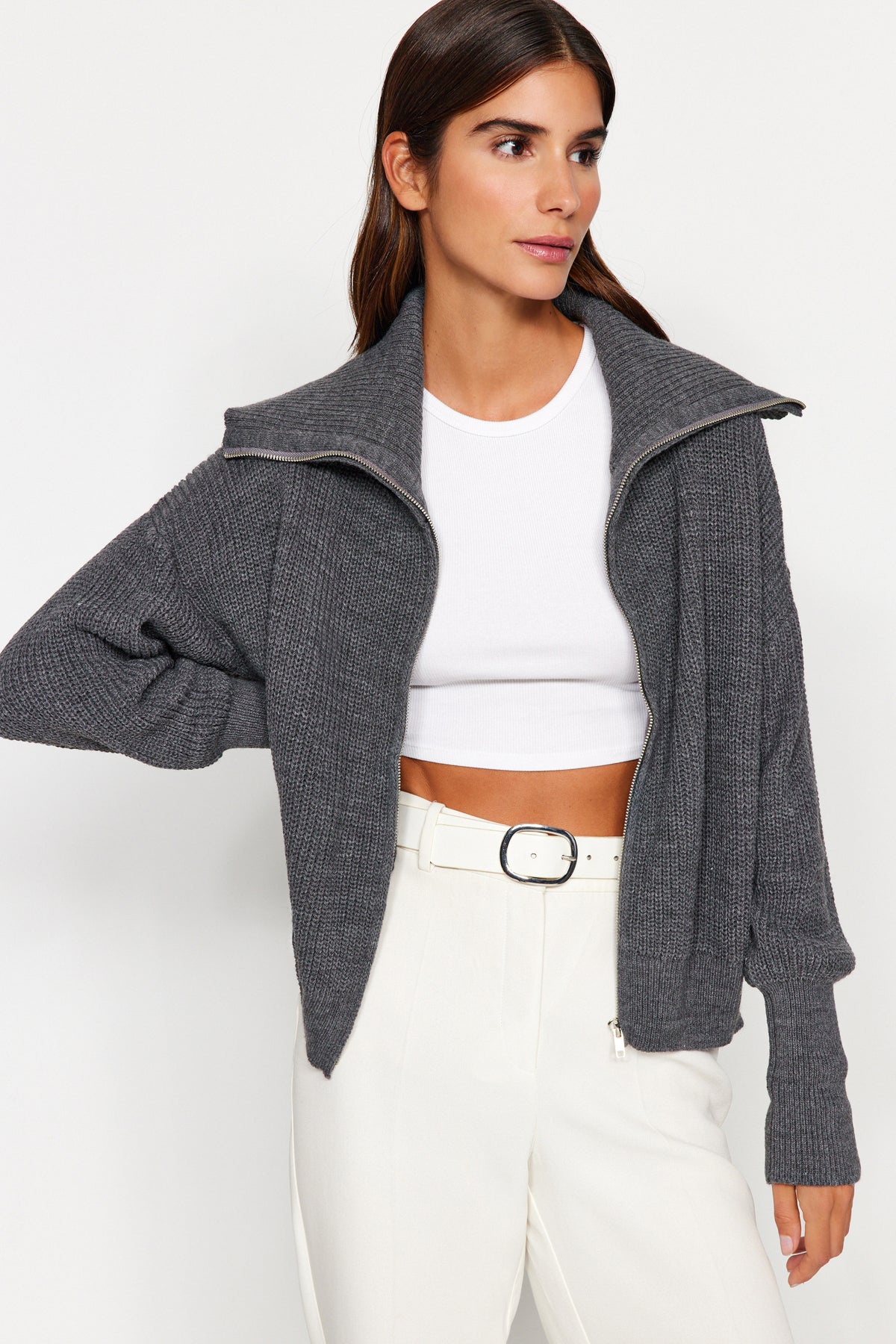 Antrasit Geniş Kalıp Devrik Yaka Fermuarlı Triko Hırka TWOAW24HI00072