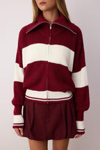 Bordo*001 Geniş Kalıp Çizgili Devrik Yaka Fermuarlı Triko Hırka TWOAW24HI00072