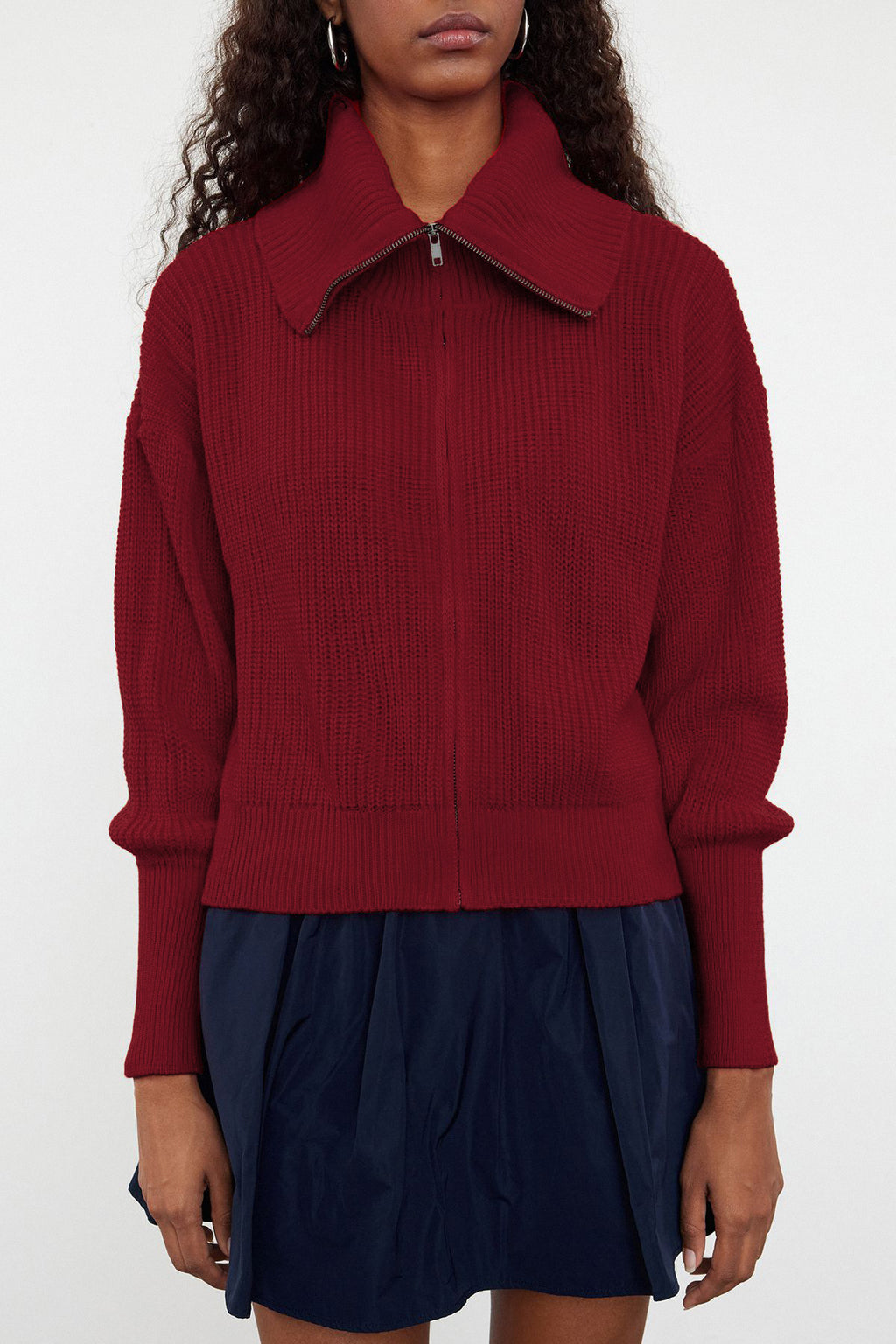 Bordo Geniş Kalıp Devrik Yaka Fermuarlı Triko Hırka TWOAW24HI00072