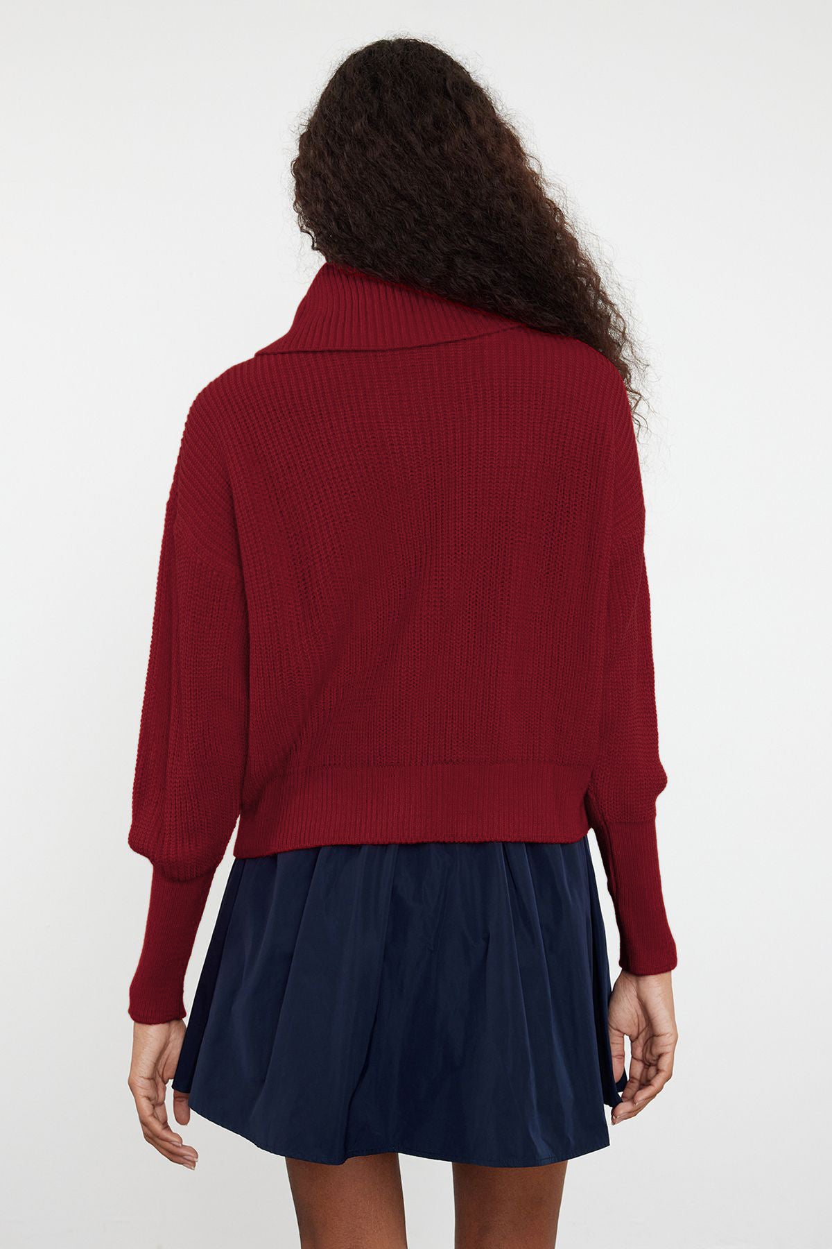 Bordo Geniş Kalıp Devrik Yaka Fermuarlı Triko Hırka TWOAW24HI00072