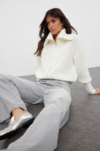 Ekru Geniş Kalıp Devrik Yaka Fermuarlı Triko Hırka TWOAW24HI00072