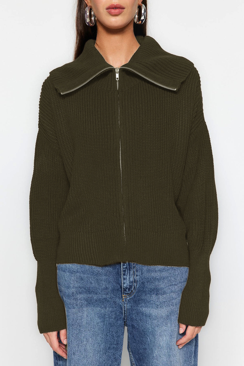 Haki Geniş Kalıp Devrik Yaka Fermuarlı Triko Hırka TWOAW24HI00072