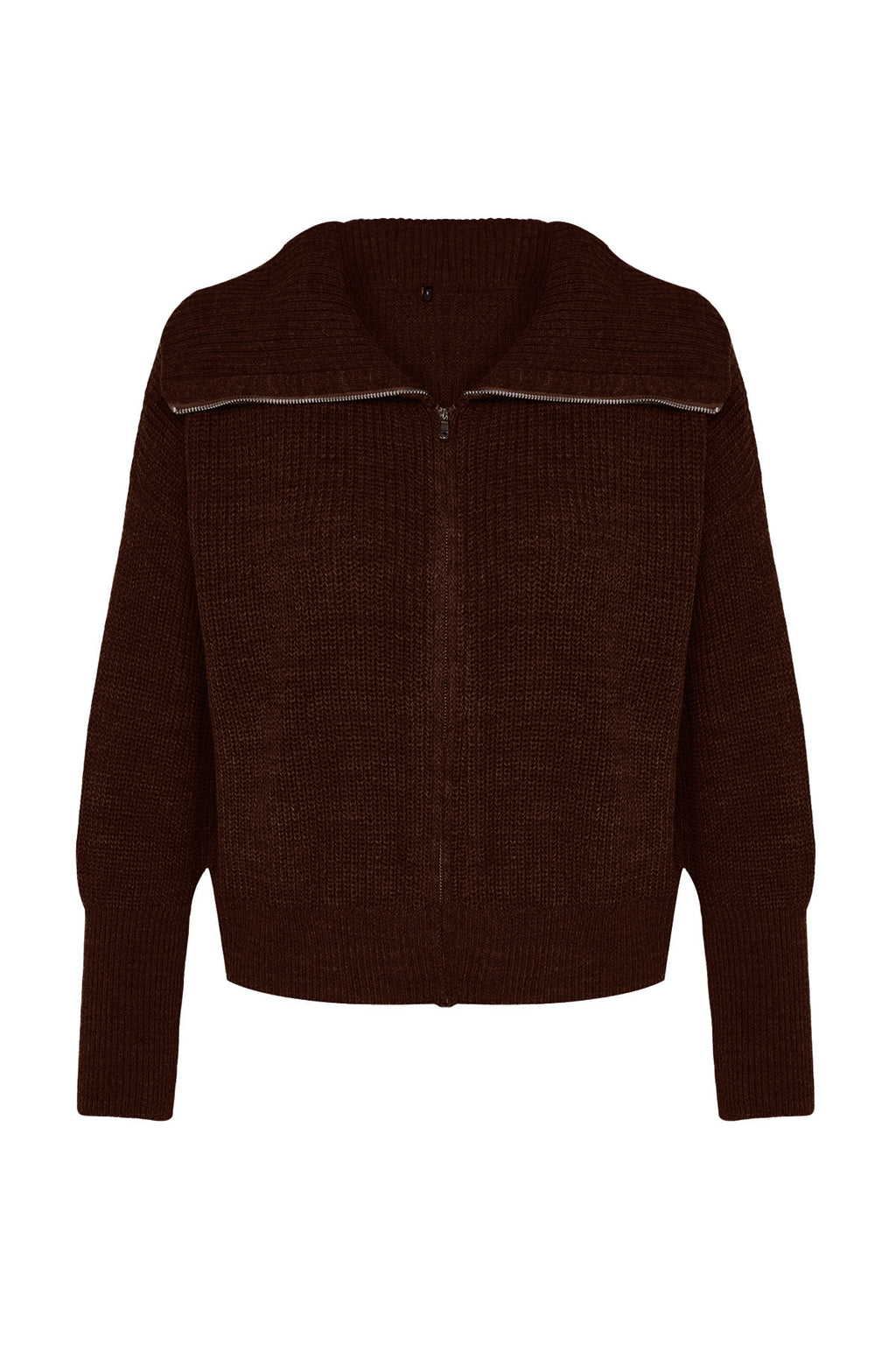 Koyu Kahverengi Geniş Kalıp Devrik Yaka Fermuarlı Triko Hırka TWOAW24HI00072