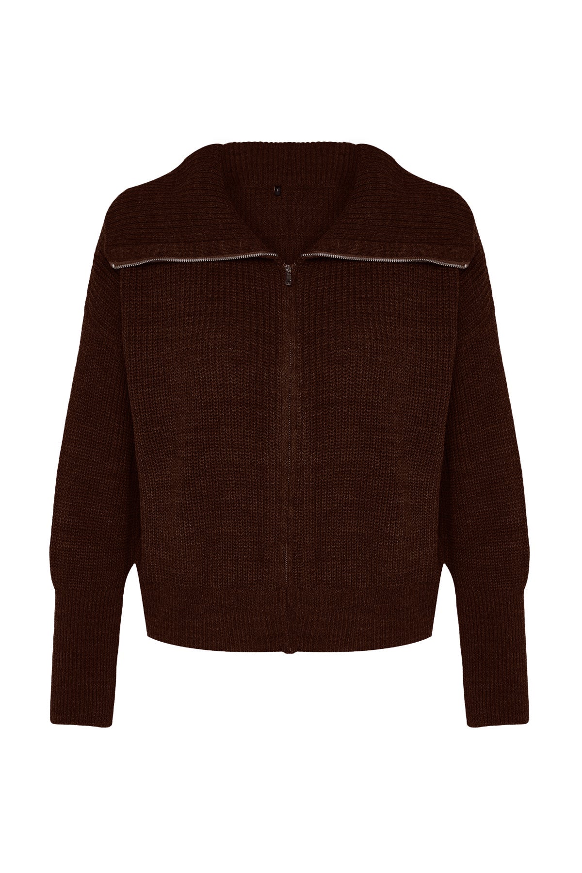 Koyu Kahverengi Geniş Kalıp Devrik Yaka Fermuarlı Triko Hırka TWOAW24HI00072