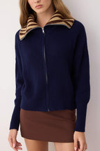 Lacivert*002 Geniş Kalıp Leopar Desenli Devrik Yaka Fermuarlı Triko Hırka TWOAW24HI00072