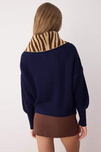 Lacivert*002 Geniş Kalıp Leopar Desenli Devrik Yaka Fermuarlı Triko Hırka TWOAW24HI00072