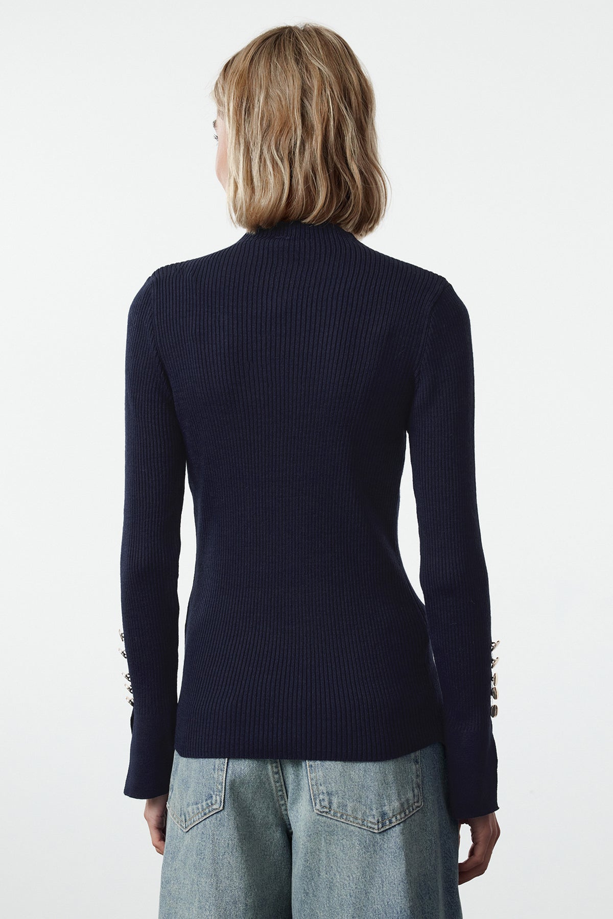 Lacivert Kol Ucu Düğme Detaylı Triko Kazak TWOAW24KZ00309