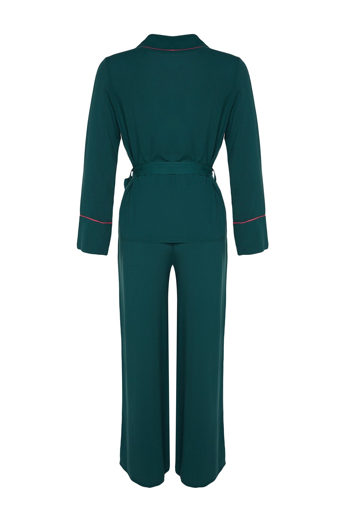 Zümrüt Yeşili Kuşaklı Biye Detaylı Kruvaze Viskon Dokuma Pijama Takımı THMAW22PT1109