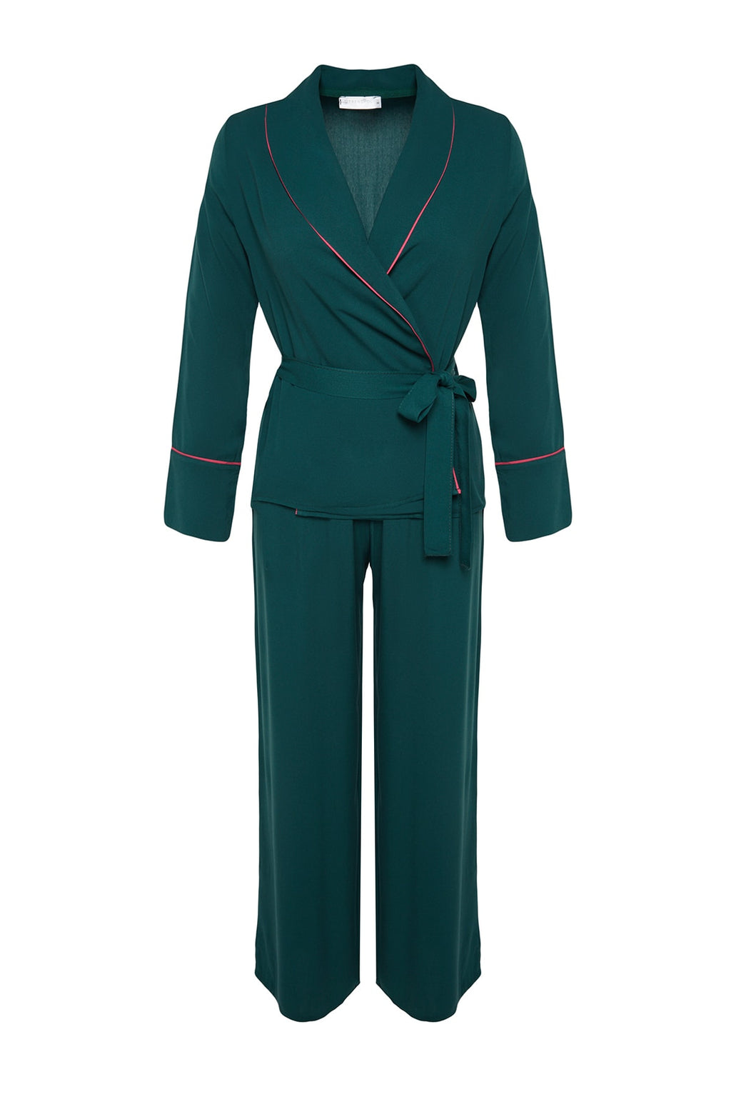 Zümrüt Yeşili Kuşaklı Biye Detaylı Kruvaze Viskon Dokuma Pijama Takımı THMAW22PT1109