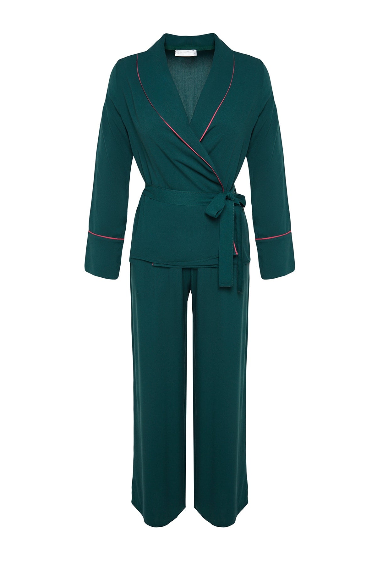 Zümrüt Yeşili Kuşaklı Biye Detaylı Kruvaze Viskon Dokuma Pijama Takımı THMAW22PT1109