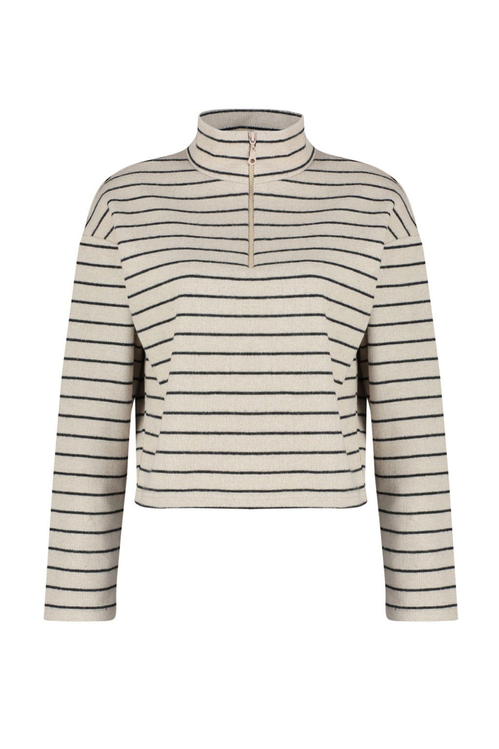 Açık Bej Çizgili Selanik Fermuarlı Dik Yaka Regular/Normal Kalıp Örme Sweatshirt TWOAW22SW0732