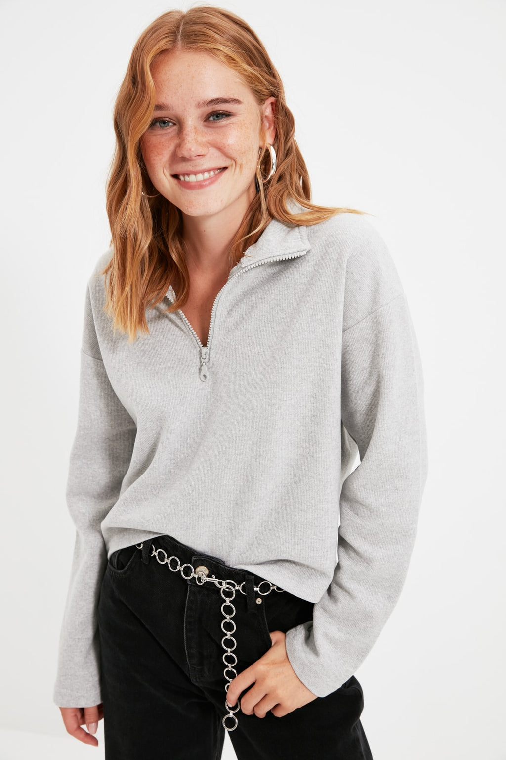 Gri Selanik/Triko Görünümlü Fermuarlı Yaka Regular/Normal Kalıp Örme Sweatshirt TWOAW22SW0732