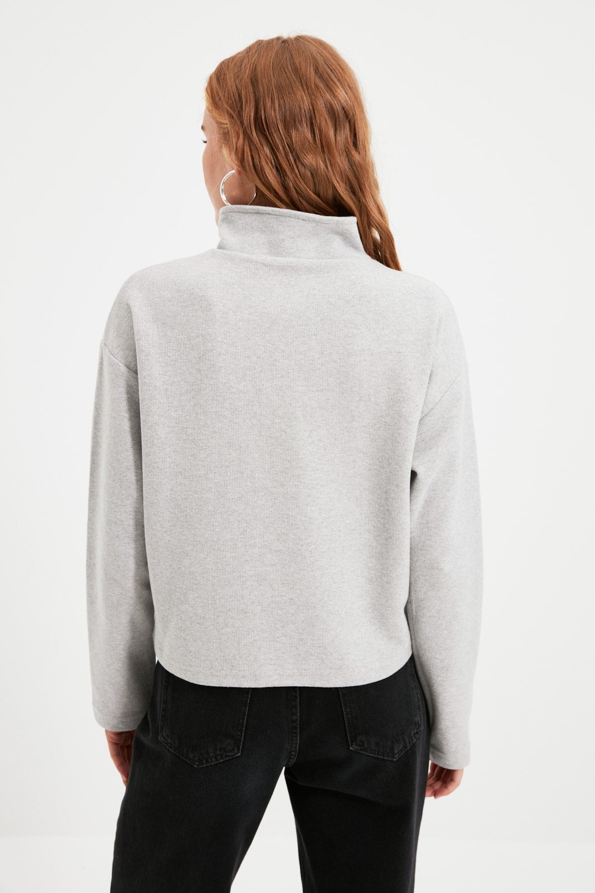 Gri Selanik/Triko Görünümlü Fermuarlı Yaka Regular/Normal Kalıp Örme Sweatshirt TWOAW22SW0732