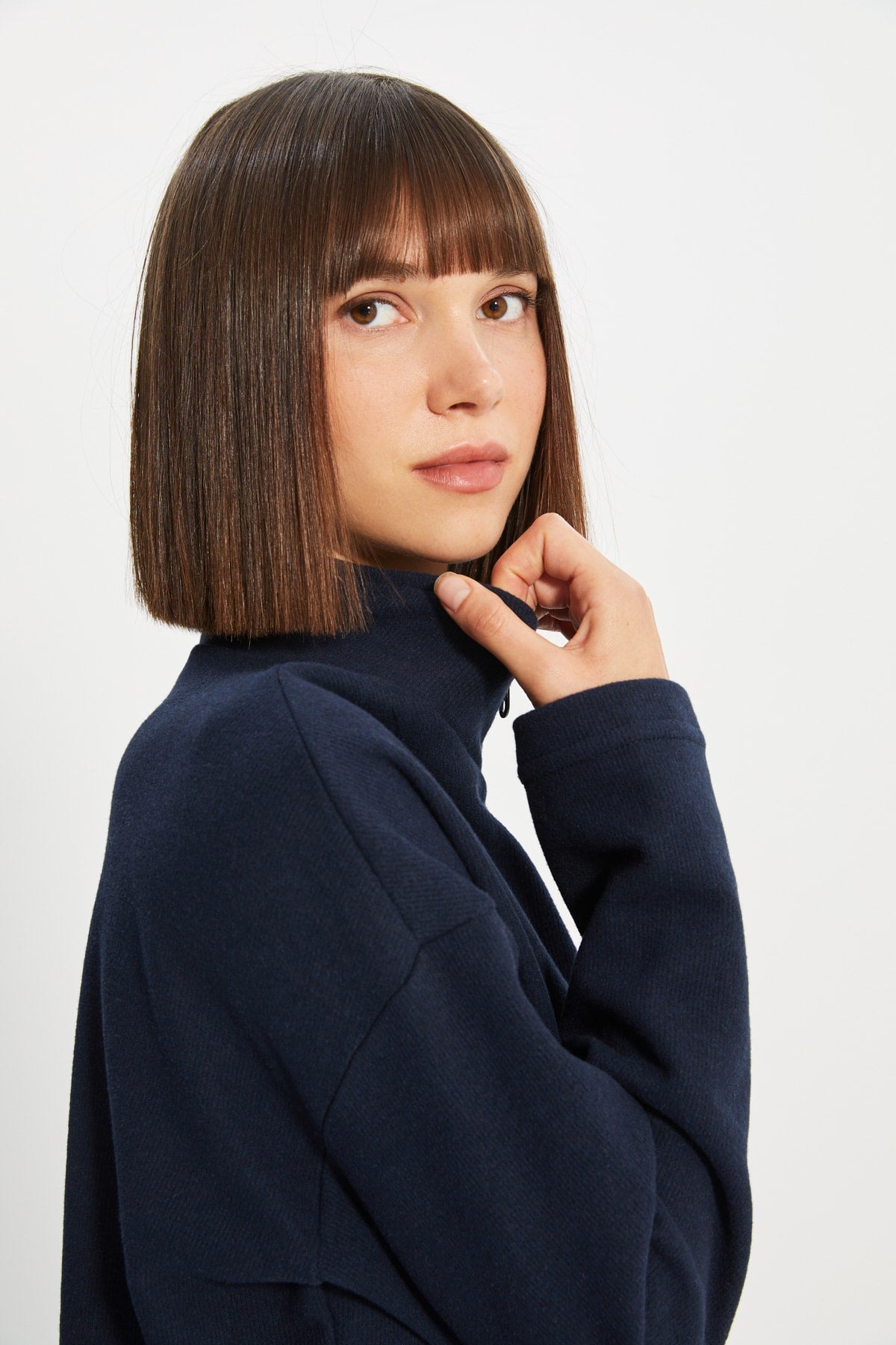 Lacivert Selanik/Triko Görünümlü Fermuarlı Yaka Regular/Normal Kalıp Örme Sweatshirt TWOAW22SW0732