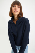 Lacivert Selanik/Triko Görünümlü Fermuarlı Yaka Regular/Normal Kalıp Örme Sweatshirt TWOAW22SW0732