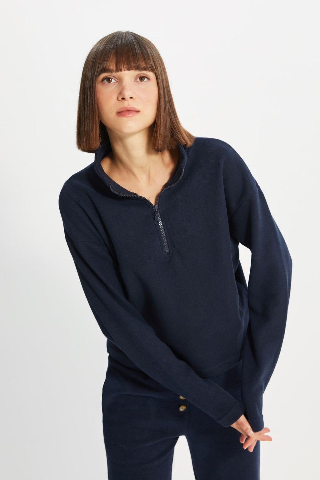 Lacivert Selanik/Triko Görünümlü Fermuarlı Yaka Regular/Normal Kalıp Örme Sweatshirt TWOAW22SW0732