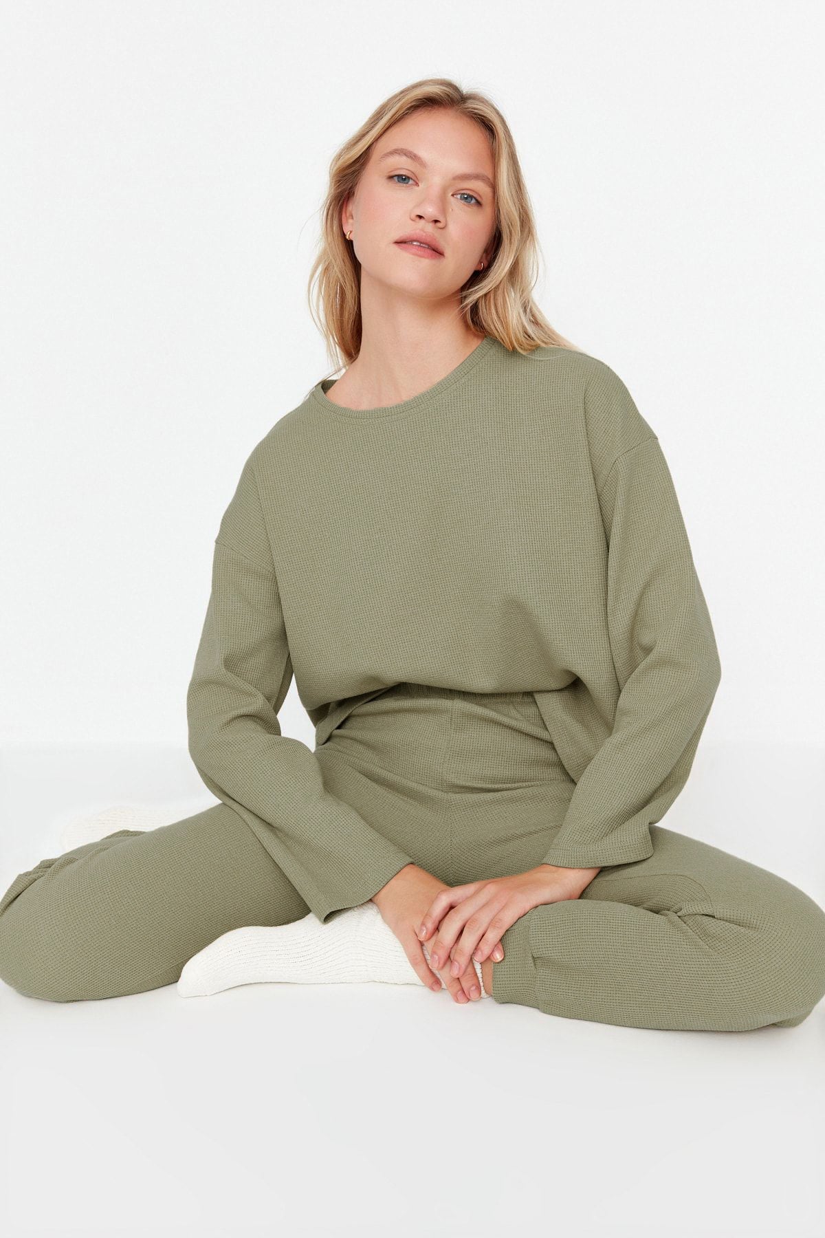 Yeşil Waffle Kumaş Örme Pijama Takımı THMAW23PT00021 Main image