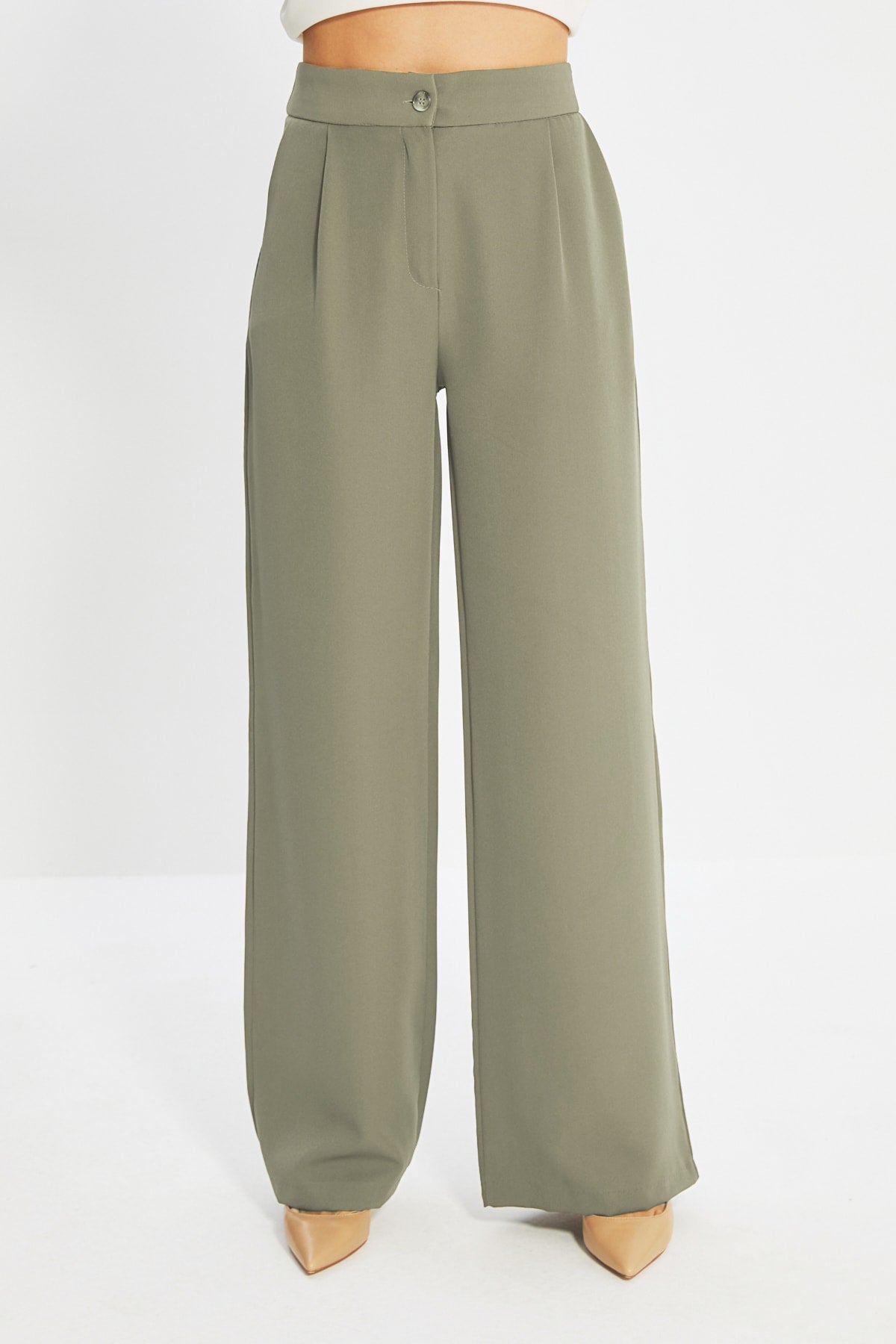 Açık Haki Wide Leg/Geniş Paça Dokuma Kumaş Pantolon TWOAW22PL0139