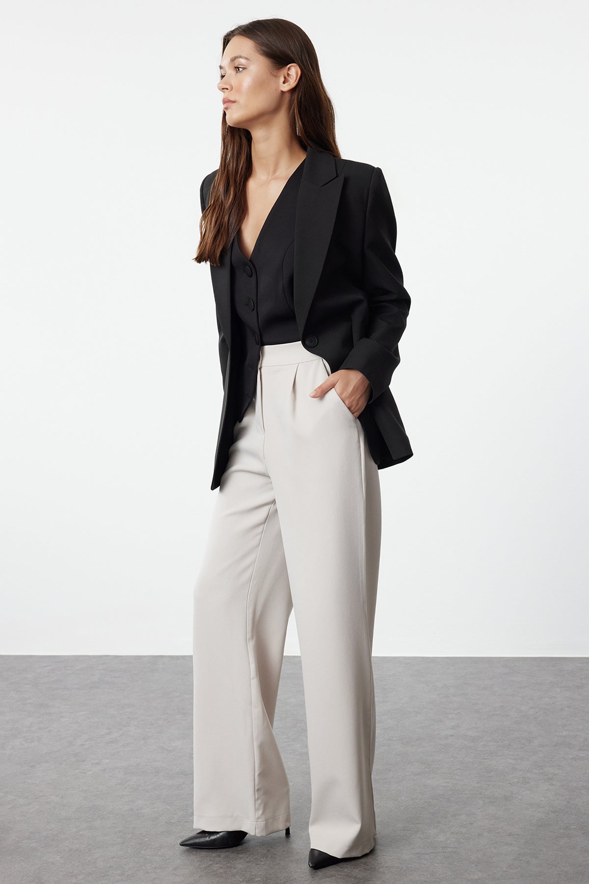 Bej Wide Leg/Geniş Paça Dokuma Kumaş Pantolon TWOAW22PL0139 Secondary image