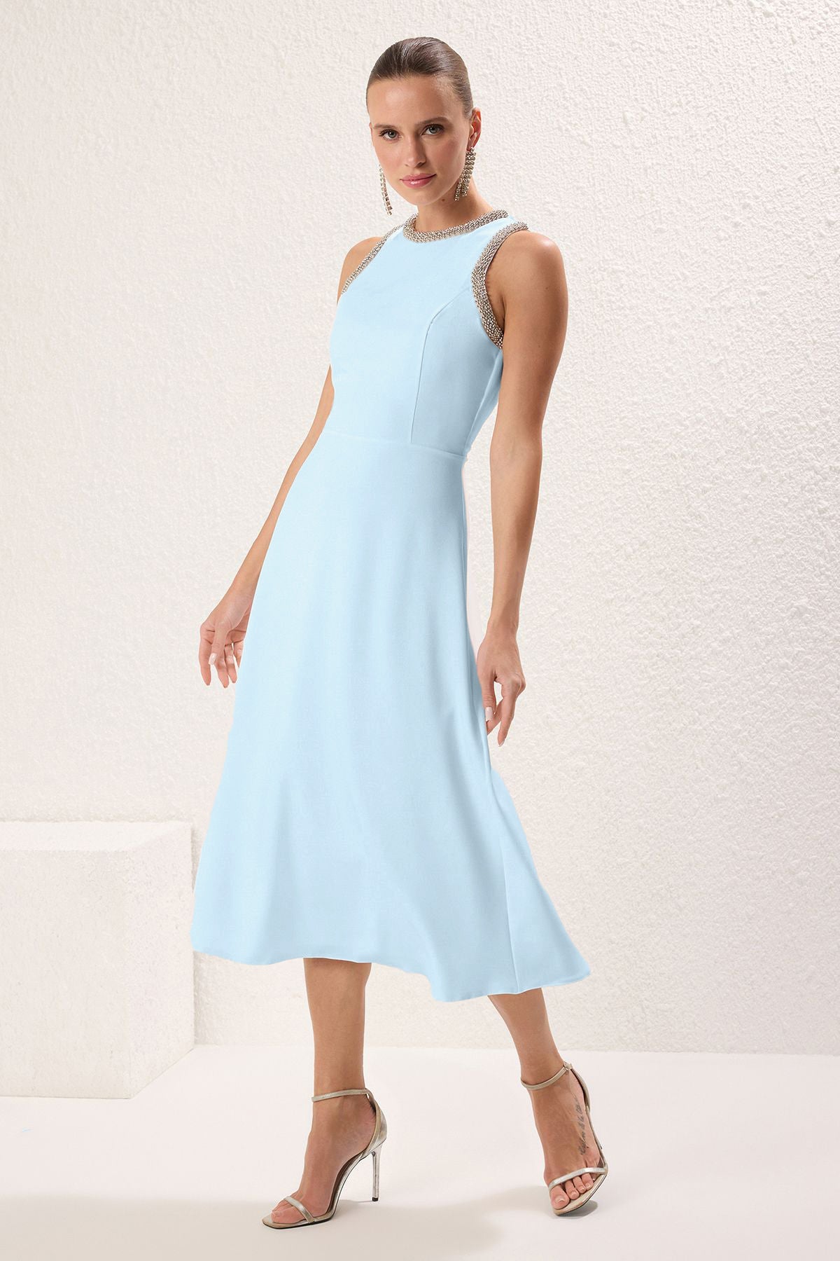 Mavi  A-Kesim Taş Aksesuarlı Dokuma Abiye Gece Mezuniyet Elbisesi TPRSS24EL00178 Main image