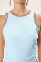 Mavi  A-Kesim Taş Aksesuarlı Dokuma Abiye Gece Mezuniyet Elbisesi TPRSS24EL00178