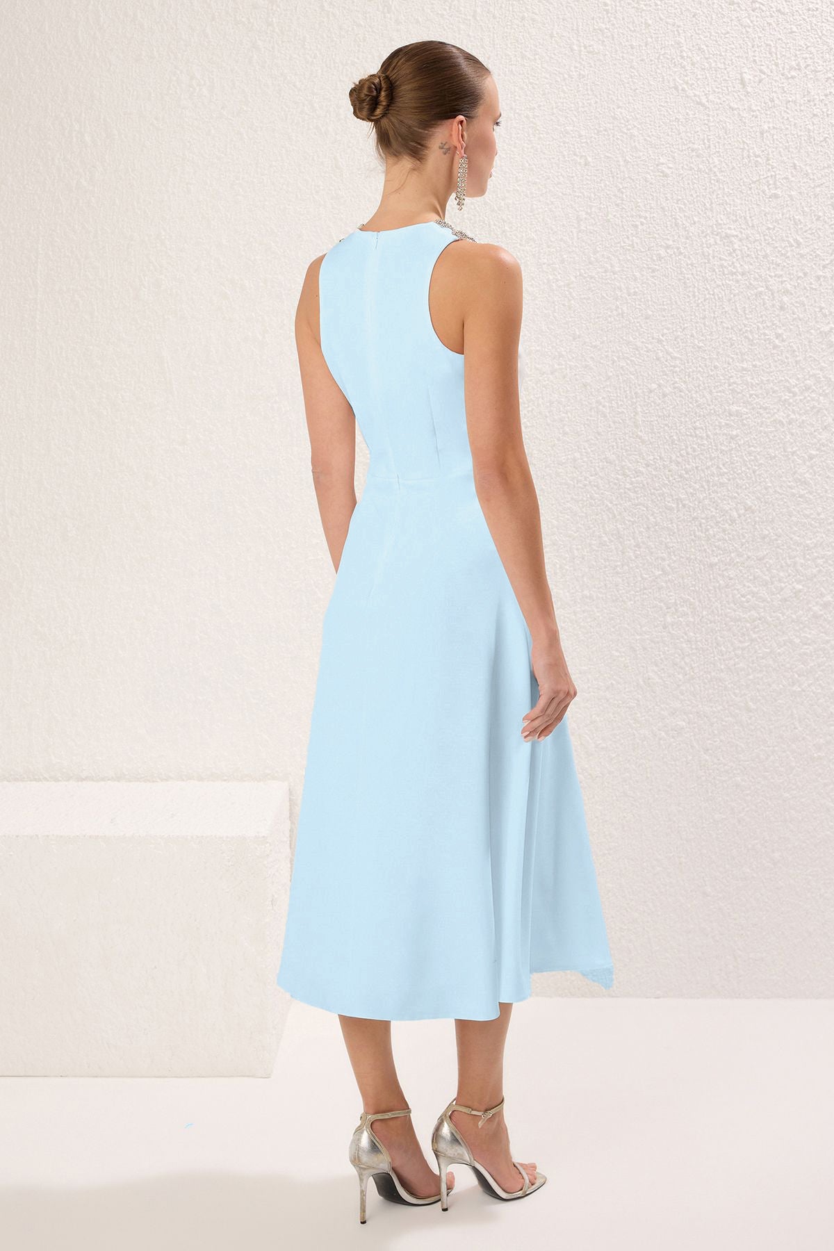 Mavi  A-Kesim Taş Aksesuarlı Dokuma Abiye Gece Mezuniyet Elbisesi TPRSS24EL00178