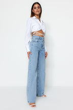 Açık Mavi Yüksek Bel Wide Leg Geniş Paça %100 Pamuk Non-Stretch Jeans TWOSS23JE00068