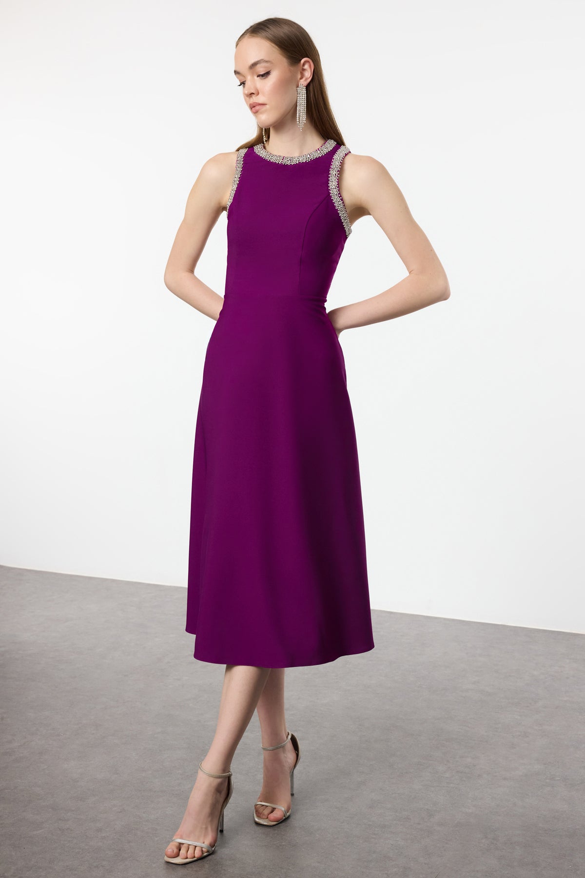 Mürdüm A-Kesim Taş Aksesuarlı Dokuma Abiye Gece Mezuniyet Elbisesi TPRSS24EL00178 Main image