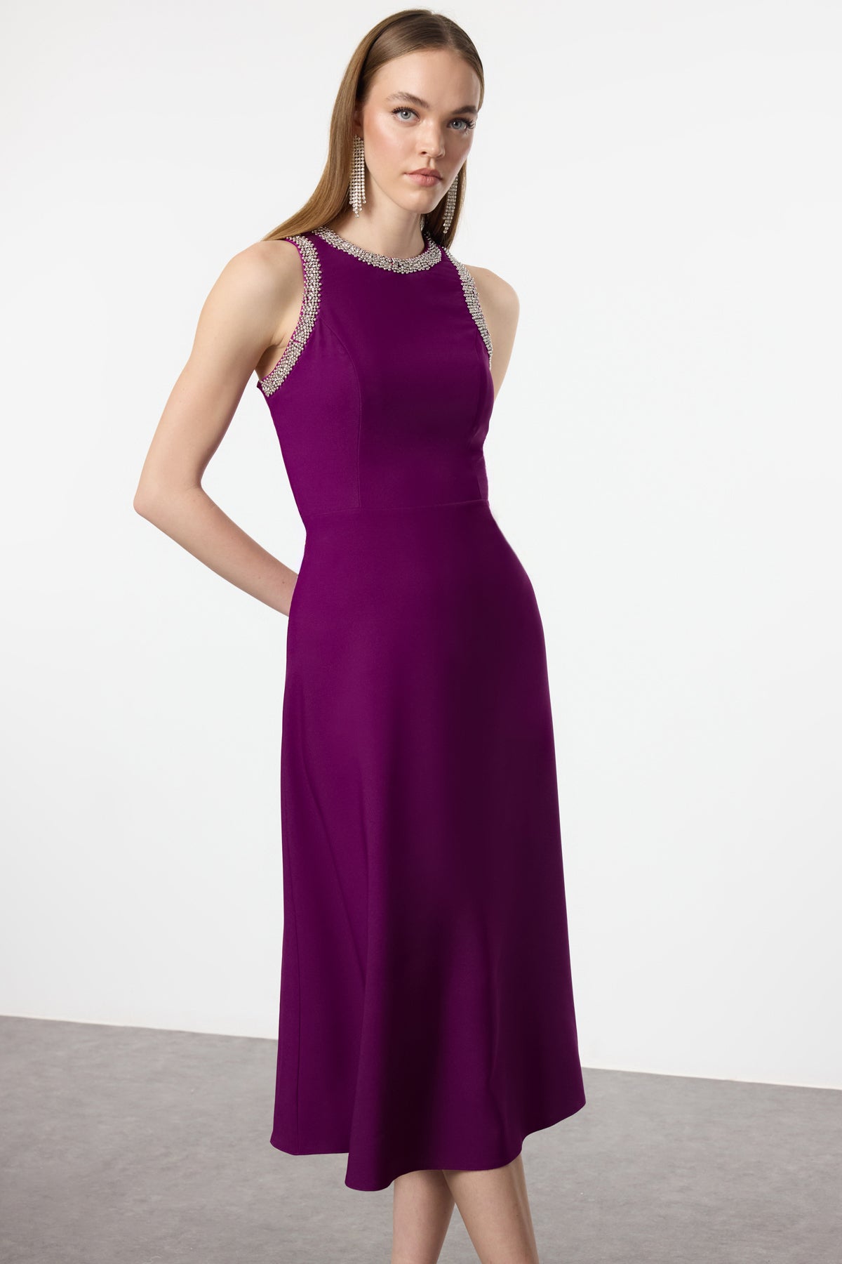 Mürdüm A-Kesim Taş Aksesuarlı Dokuma Abiye Gece Mezuniyet Elbisesi TPRSS24EL00178 Secondary image