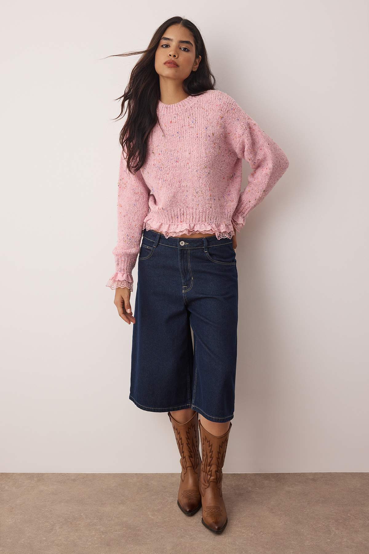 Pembe Nopeli Geniş Kalıp Dantel Garnili Triko Kazak TWOAW26KZ00058